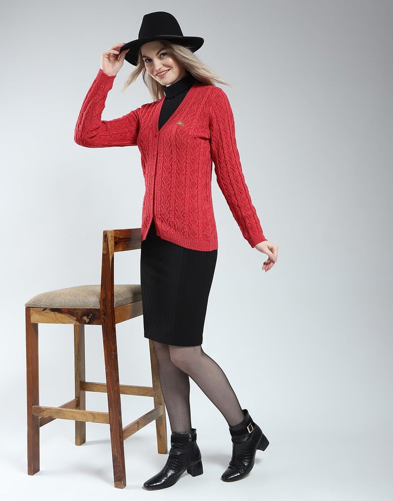 Monte Carlo Women Woolen Regular Fit Cardigan | Winter Sweater | V Neck | Button Closure |Full Sleeve with Self Design Knitted Cardigan for Women's Red L (Pack of_1) - Image 5