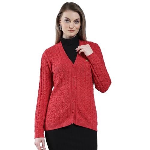 Monte Carlo Women Woolen Regular Fit Cardigan | Winter Sweater | V Neck | Button Closure |Full Sleeve with Self Design Knitted Cardigan for Women's Red L (Pack of_1) - Image 1