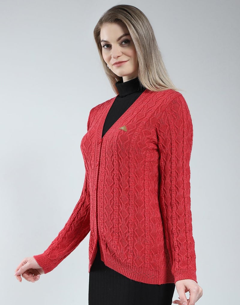 Monte Carlo Women Woolen Regular Fit Cardigan | Winter Sweater | V Neck | Button Closure |Full Sleeve with Self Design Knitted Cardigan for Women's Red L (Pack of_1) - Image 2