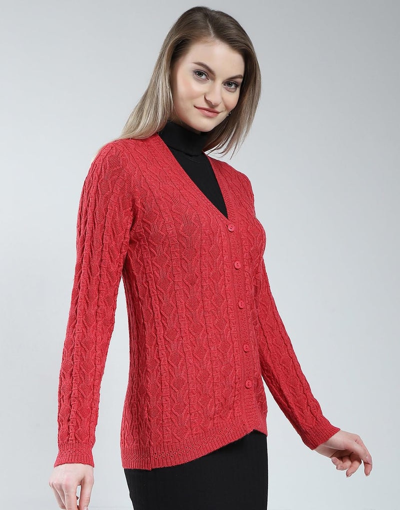 Monte Carlo Women Woolen Regular Fit Cardigan | Winter Sweater | V Neck | Button Closure |Full Sleeve with Self Design Knitted Cardigan for Women's Red L (Pack of_1) - Image 3