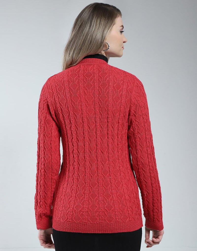 Monte Carlo Women Woolen Regular Fit Cardigan | Winter Sweater | V Neck | Button Closure |Full Sleeve with Self Design Knitted Cardigan for Women's Red L (Pack of_1) - Image 4
