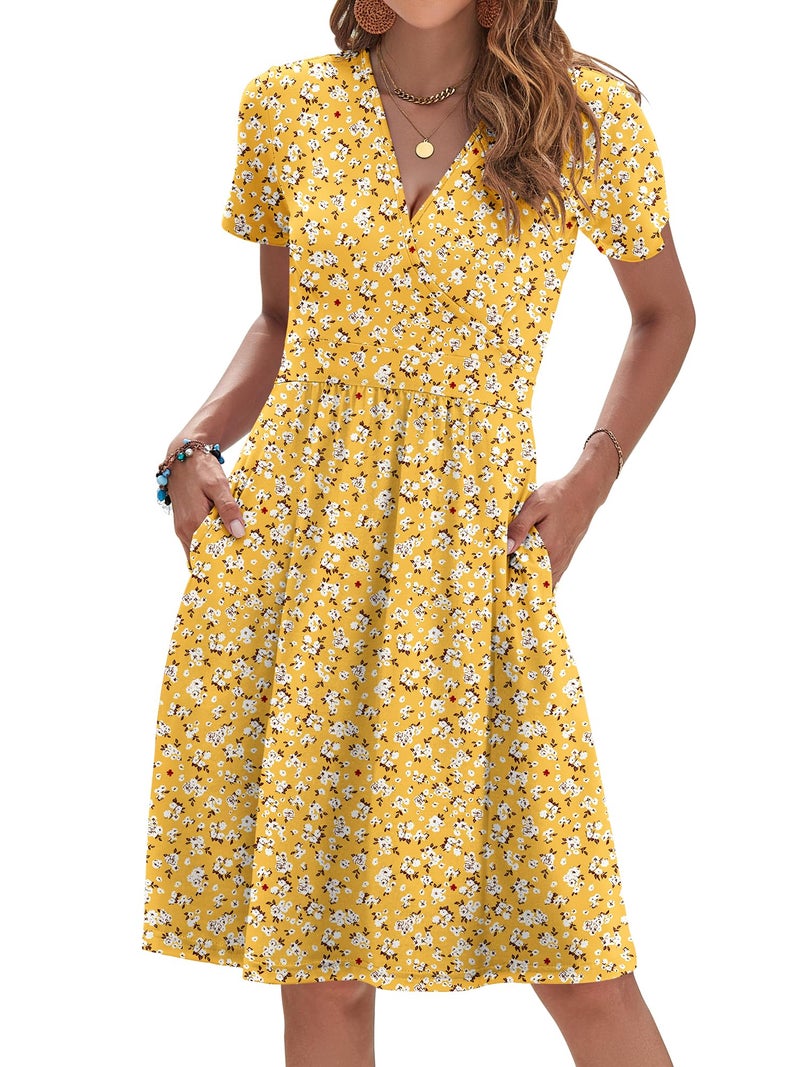 AUSELILY Womens Summer Dresses 2026 Short Sleeve V Neck Floral Sundress with Pockets, Yellow Flower M - Image 1