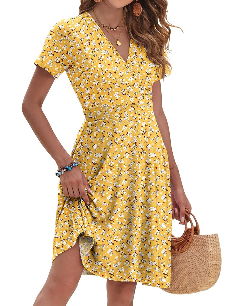 AUSELILY Womens Summer Dresses 2026 Short Sleeve V Neck Floral Sundress with Pockets, Yellow Flower M - Image 2