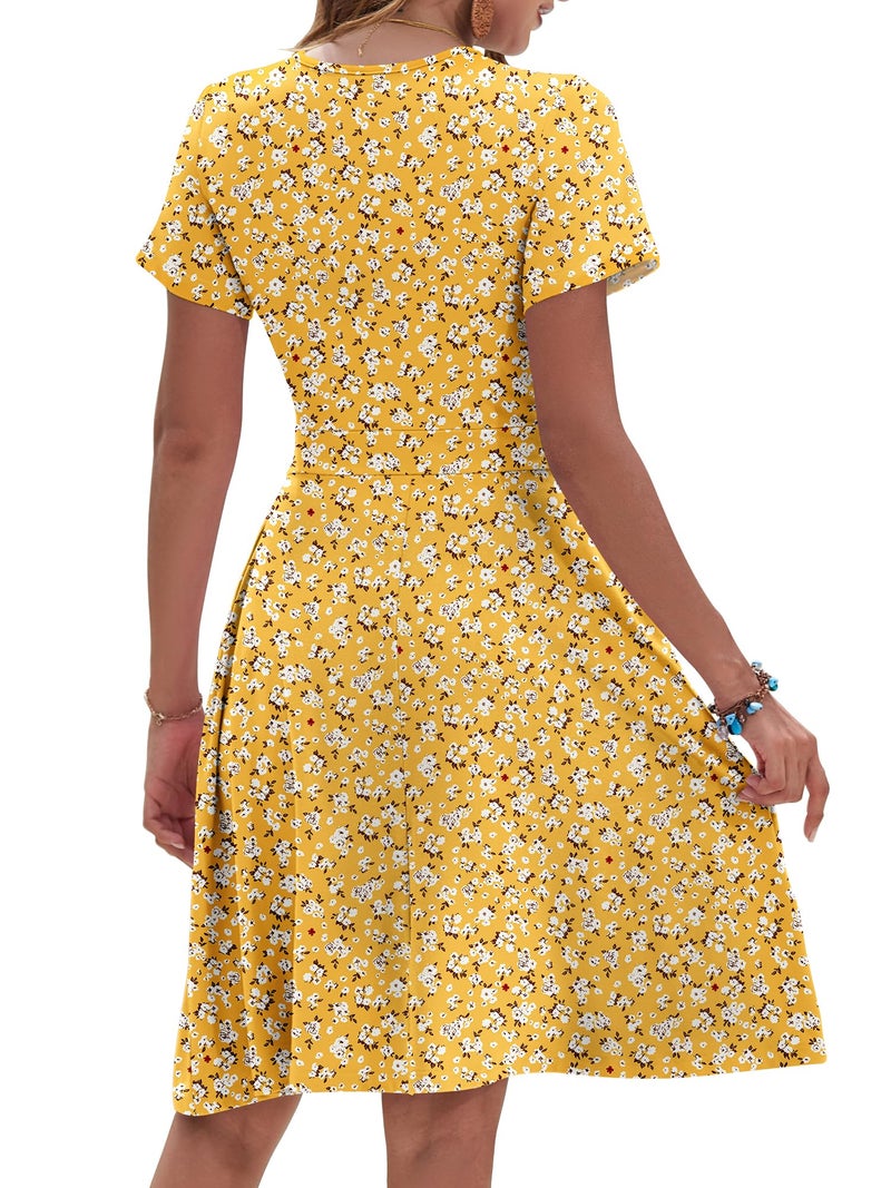 AUSELILY Womens Summer Dresses 2026 Short Sleeve V Neck Floral Sundress with Pockets, Yellow Flower M - Image 4