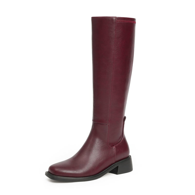 QIY Knee High Burgundy Boots Women Boots Fall 2025 Long Wine Red Boot for Women Chunky Dress Square Toe Leather Heeled Flat Low Heel Tall Boot Size 8 - Image 1