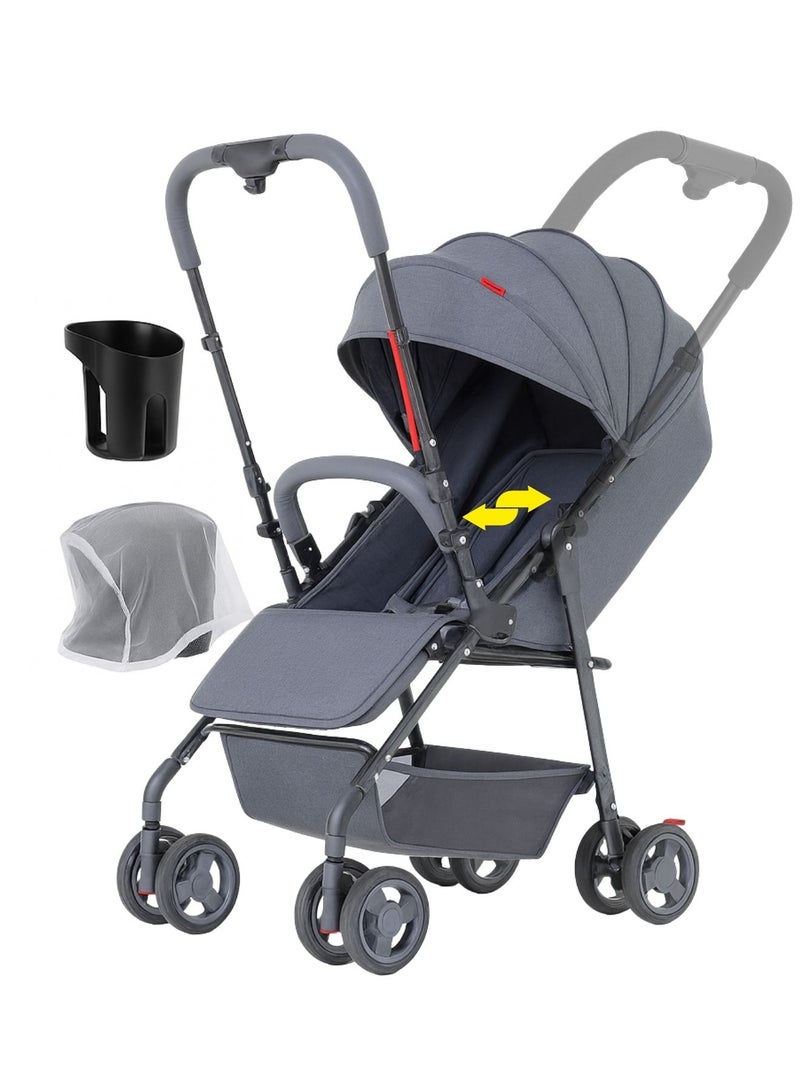 AL-SHARQIA عربة أطفال قابلة للعكس – خفيفة الوزن، قابلة للطي بيد واحدة مع مظلة، عجلات ماصة للصدمات وسلة تخزين كبيرة