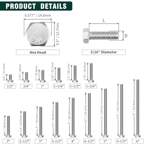EASTLO (6 Sets) 5/16-18 x 4-1/2" Hex Bolt and Nut Kit, 304 Stainless Steel (18-8), Fully Threaded, Flat & Lock Washers Included - Image 4
