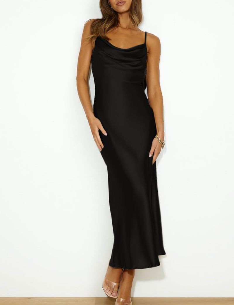 Mogidol Summer Satin Spaghetti Strap Cowl Neck Backless Midi Dresses for Women Elegant Tie Low Back Ruched Cocktail Dress Black - Image 4