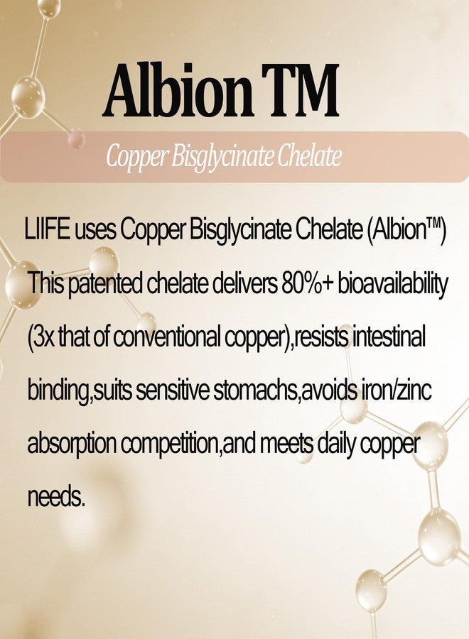 LIIFE Albion Chelated Copper 2.5mg, Copper Supplements, Supporting Red Blood Cells, Collagen, and Energy Production, 120 Veggie Capsules - Image 2