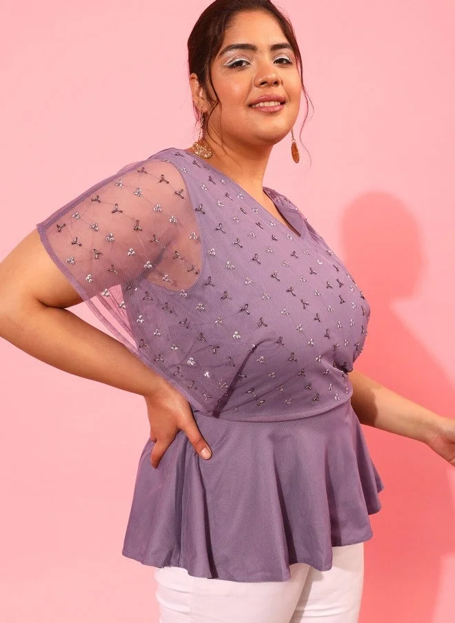 CURVY STREET Lavender Embellished Peplum Top for Women