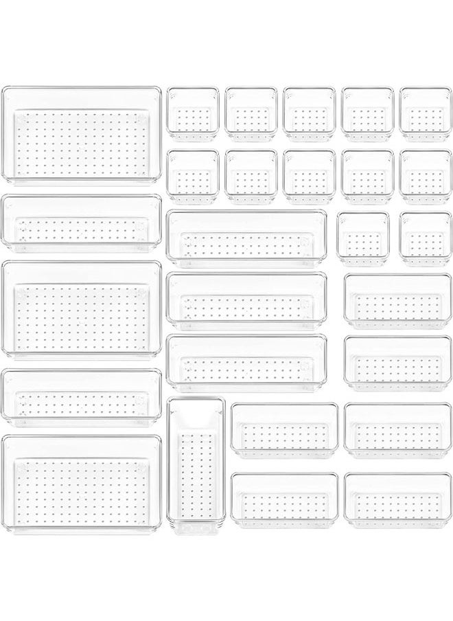 Arabest 27 PCS Drawer Organizer Set Clear Plastic Desk Drawer Dividers Trays Dresser Storage Bins Separation Box for Makeup, Jewelries and Gadgets, Bedroom, Bathroom, Office  - Image 1