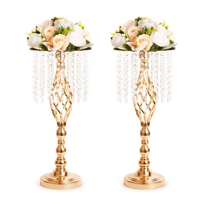 2PCS GOLD METAL FLOWER VASES CRYSTAL FLOWER STAND WEDDING CENTERPIECES FOR TABLES PARTY DINNER EVENT RESTAURANT HOTEL DECORATION