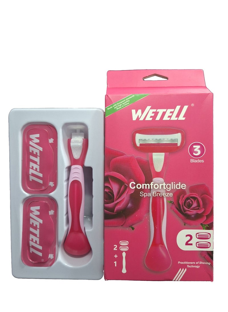 WETELL Comfortglide Spa Breeze 3-blade women's razor, smooth and safe design for sensitive skin, sharp blades and moisturizing foam with plant oil extract for ultra smoothness, with two interchangeable heads and a comfortable handle for easy use, ideal for shaving the body and legs, the movable head does not cause cuts with ease of movement on the body's curves  - Image 1