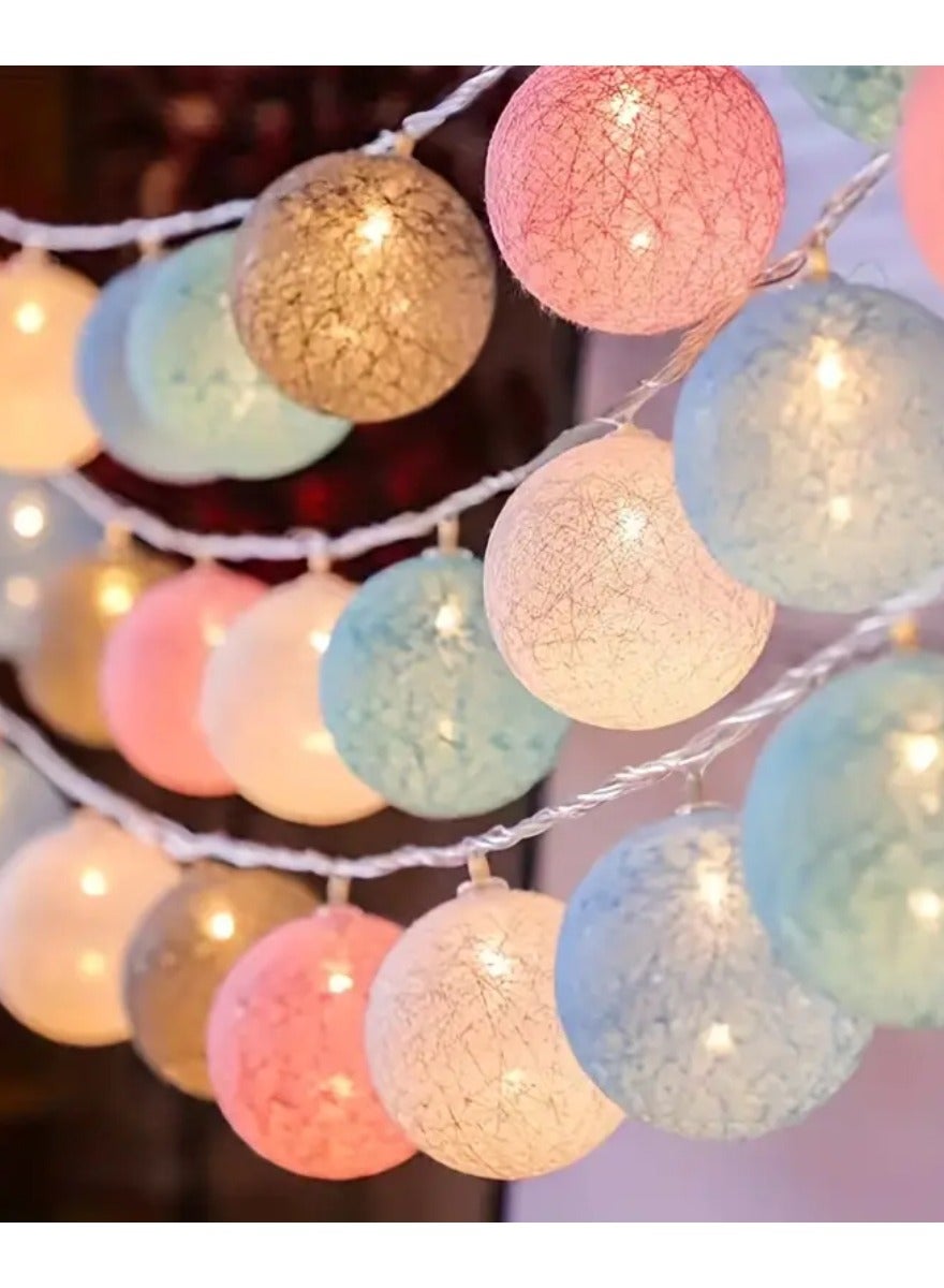Multicolor Cotton Ball String Lights for Bedroom 3M / 9.84Ft 10 LED Cotton Ball Fairy Lights Battery Powered Cotton Ball Lights Indoor Outdoor Party Decoration LED Light