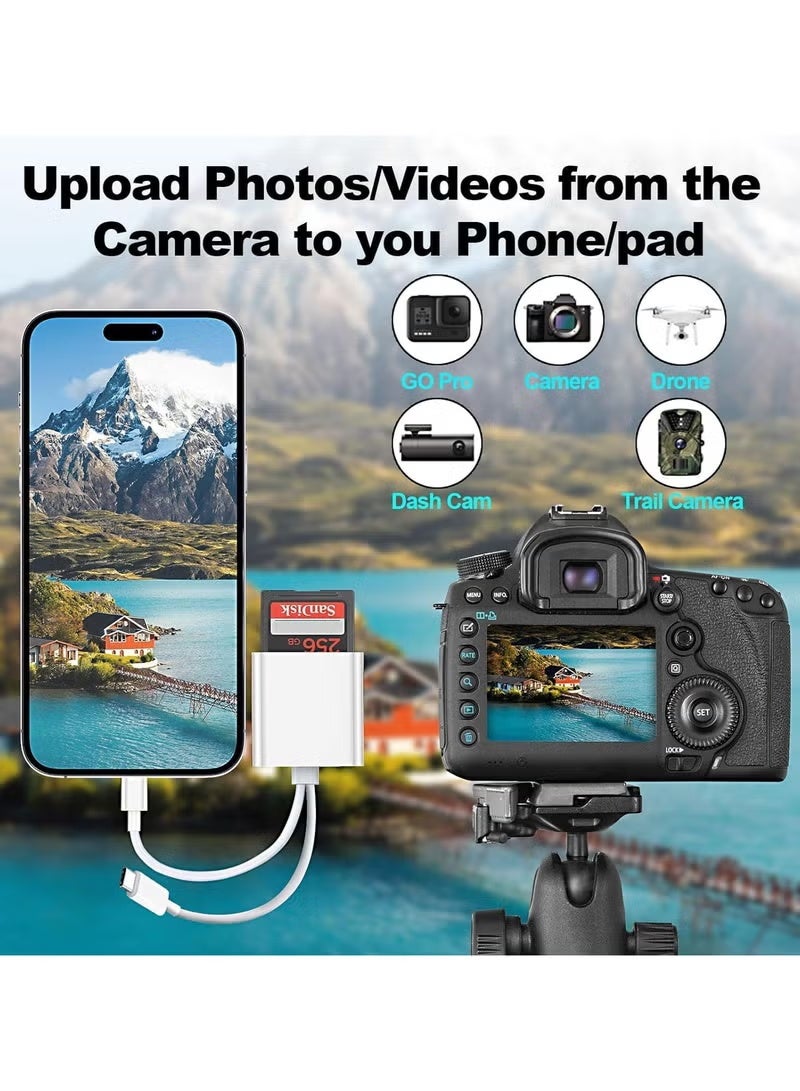 حياة الكثبان قارئ بطاقات SD/TF مزدوج الفتحات لأجهزة iPhone و iPad - محول بطاقة ذاكرة محمول، يعمل بتقنية التوصيل والتشغيل لاستيراد/عرض الصور ومقاطع الفيديو من الكاميرا وكاميرات المراقبة والطائرات بدون طيار إلى جهاز iOS الخاص بك. - Image 3