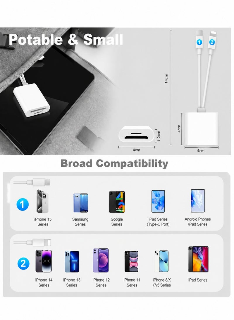حياة الكثبان قارئ بطاقات SD/TF مزدوج الفتحات لأجهزة iPhone و iPad - محول بطاقة ذاكرة محمول، يعمل بتقنية التوصيل والتشغيل لاستيراد/عرض الصور ومقاطع الفيديو من الكاميرا وكاميرات المراقبة والطائرات بدون طيار إلى جهاز iOS الخاص بك. - Image 3