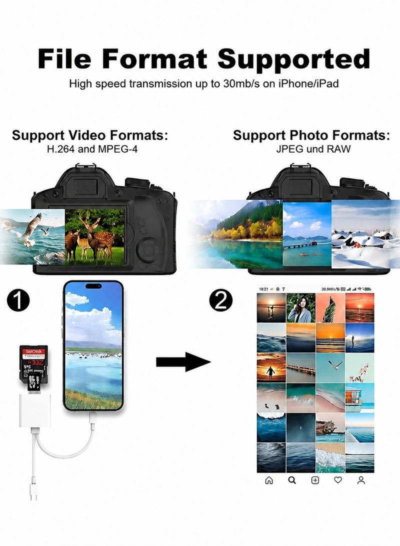 حياة الكثبان قارئ بطاقات SD/TF مزدوج الفتحات لأجهزة iPhone و iPad - محول بطاقة ذاكرة محمول، يعمل بتقنية التوصيل والتشغيل لاستيراد/عرض الصور ومقاطع الفيديو من الكاميرا وكاميرات المراقبة والطائرات بدون طيار إلى جهاز iOS الخاص بك. - Image 5