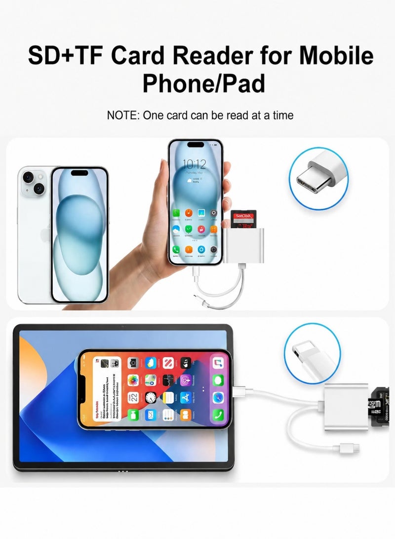 حياة الكثبان قارئ بطاقات SD/TF مزدوج الفتحات لأجهزة iPhone و iPad - محول بطاقة ذاكرة محمول، يعمل بتقنية التوصيل والتشغيل لاستيراد/عرض الصور ومقاطع الفيديو من الكاميرا وكاميرات المراقبة والطائرات بدون طيار إلى جهاز iOS الخاص بك. - Image 4