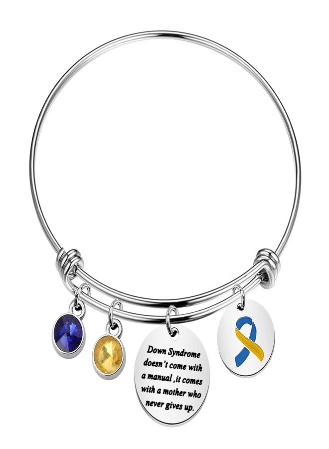 SEIRAA Down Syndrome Awareness Gift Trisomy 21 Mom Jewelry Down syndrome Mother Never Gives Up Yellow Blue Ribbon Bracelet (Down Syndrome bracelet) - Image 1