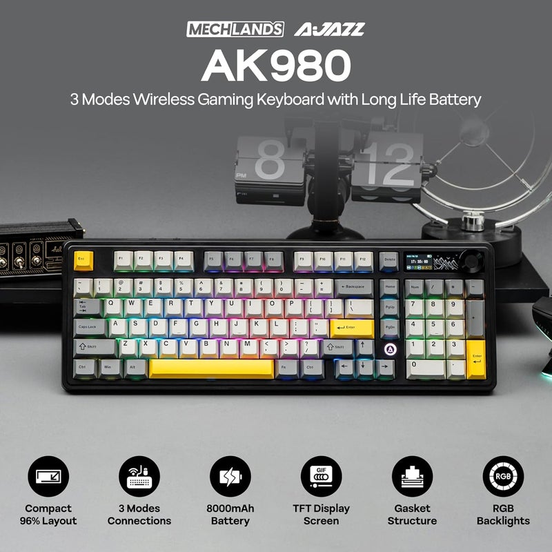 ميكلاندز لوحة مفاتيح ألعاب لاسلكية MechLands AJAZZ AK980 بنسبة 96% مع منفذ USB-C/BT5.0/2.4GHz وشاشة TFT مقاس 1.14 بوصة، لوحة مفاتيح ميكانيكية كريمية قابلة للتبديل السريع مع لوحة FR4، مقبض دوار، إضاءة RGB لأنظمة Win/Mac (أسود) - Image 2