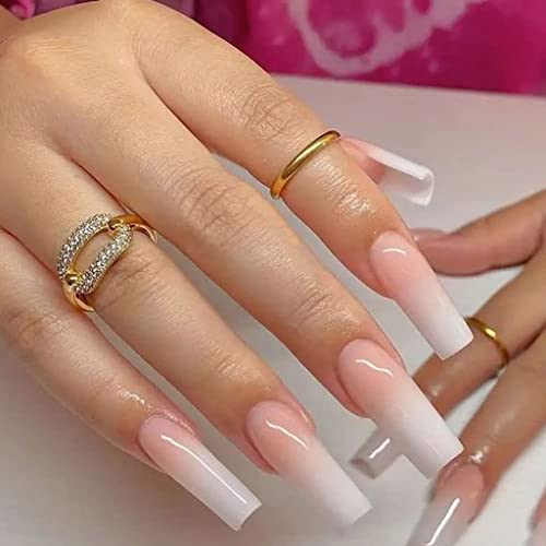 RikView Long Press on Nails French Acrylic Nails Gradient Nude Press on Nails Coffin Fake Nails Pink Nails Glossy Nails - Image 1
