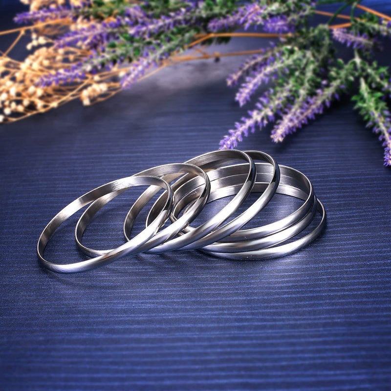 Castillna Glossy Stainless Steel Bangle Bracelets Set for Women, Silver, Set of 7 Pieces, 8.4 inches - Image 2