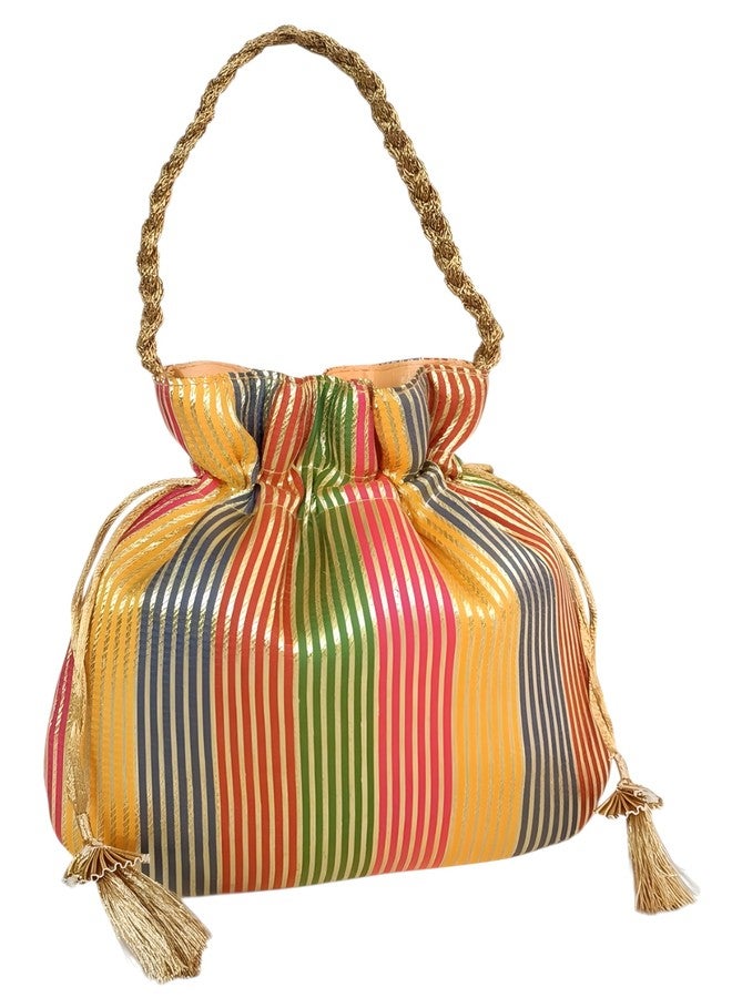 DUCHESS Multicolor Striped Silk Potli Bag with Golden Zari Work and Braided Handle - Ethnic Drawstring Wristlet for Weddings and Parties - Image 3