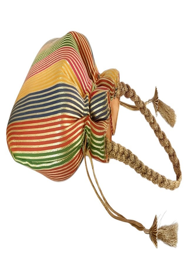 DUCHESS Multicolor Striped Silk Potli Bag with Golden Zari Work and Braided Handle - Ethnic Drawstring Wristlet for Weddings and Parties - Image 4