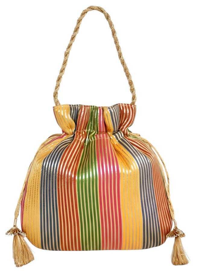 DUCHESS Multicolor Striped Silk Potli Bag with Golden Zari Work and Braided Handle - Ethnic Drawstring Wristlet for Weddings and Parties - Image 2