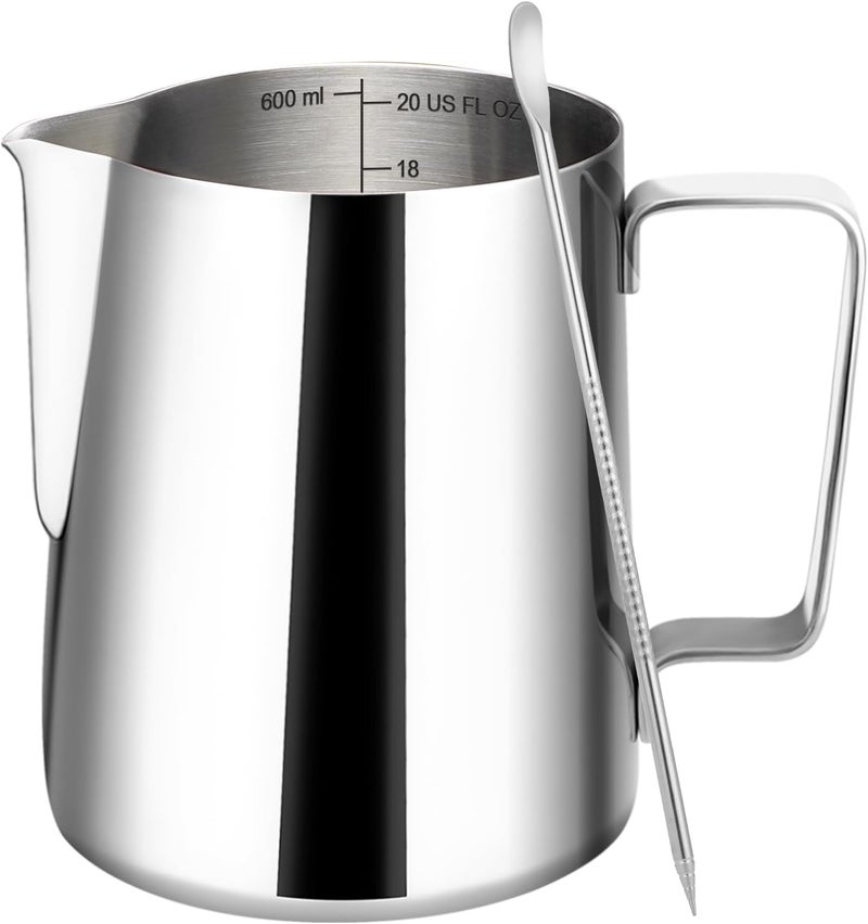 Amrules Milk Frothing Pitcher, 20oz Milk Frother Cup with Clear Scale, 304 Stainless Steel Cappuccino Espresso Machine Accessories for Barista Coffee Bar with Latte Art Pen, Silver - Image 1