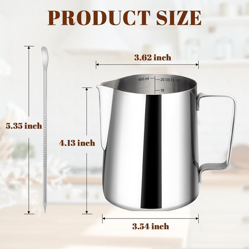 Amrules Milk Frothing Pitcher, 20oz Milk Frother Cup with Clear Scale, 304 Stainless Steel Cappuccino Espresso Machine Accessories for Barista Coffee Bar with Latte Art Pen, Silver - Image 2
