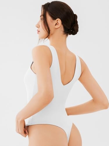 REORIA Womens Bodysuits Sexy Deep V Neck Backless Sleeveless Double Lined Slim Tank Thong Body Suits Summer Going Out Tops Concert Outfits Fashion Trendy 2025 White Medium - Image 5