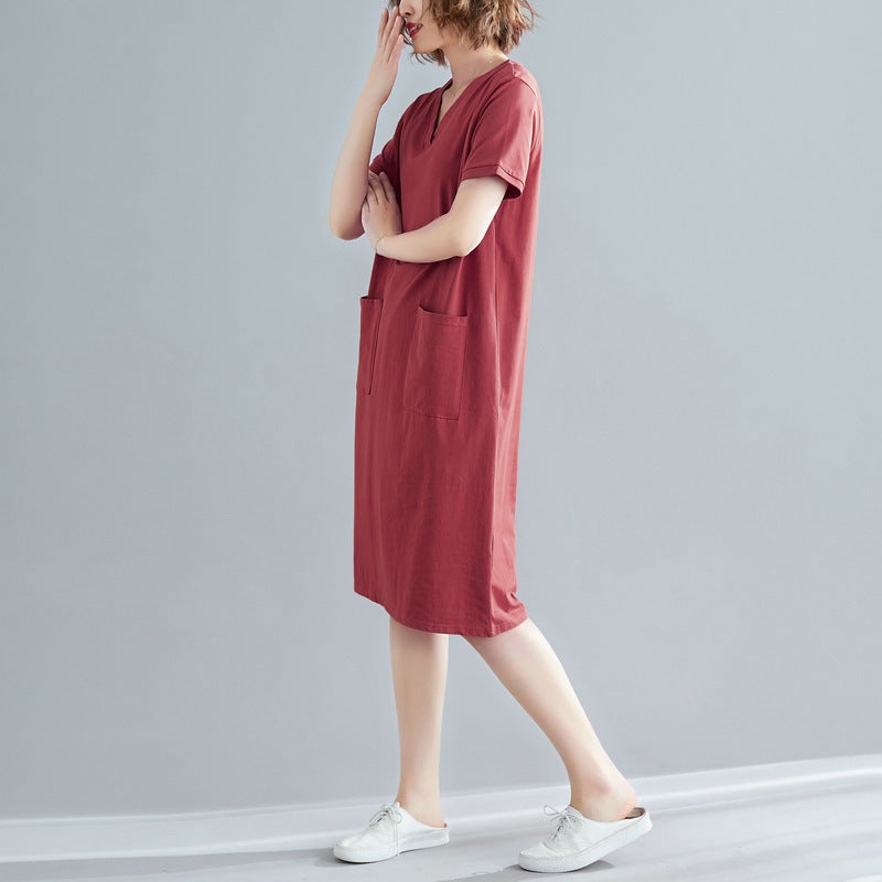 Large Size Womens Clothing Summer Loose Korean Style Mid-length T-shirt Skirt Fat mmV Collar Slim Look Short-sleeved Dress Blue - Image 3