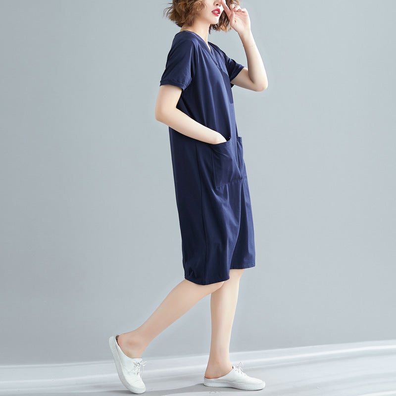 Large Size Womens Clothing Summer Loose Korean Style Mid-length T-shirt Skirt Fat mmV Collar Slim Look Short-sleeved Dress Blue - Image 1