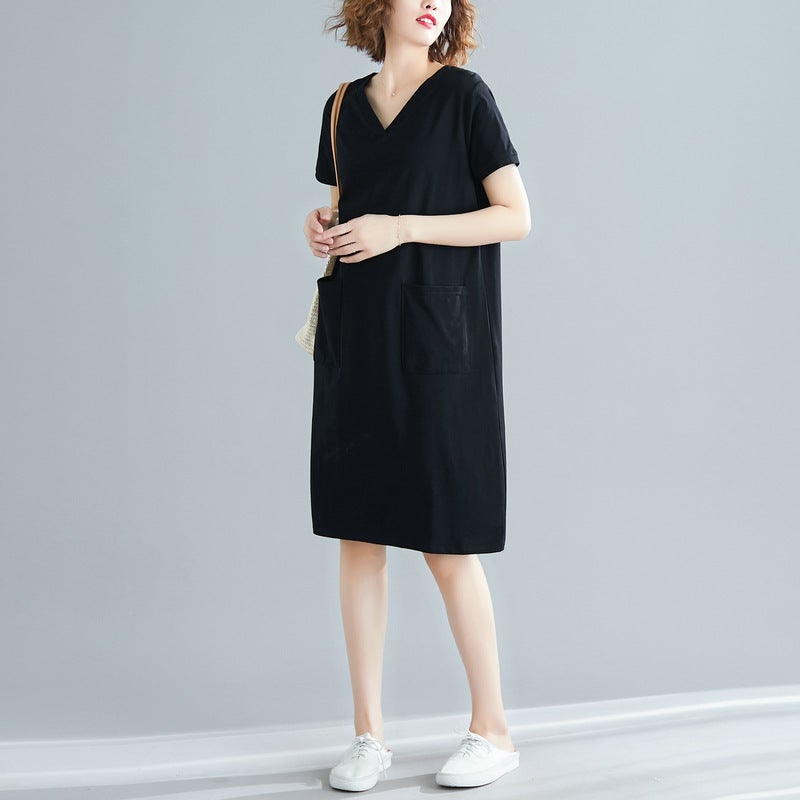 Large Size Womens Clothing Summer Loose Korean Style Mid-length T-shirt Skirt Fat mmV Collar Slim Look Short-sleeved Dress Blue - Image 2
