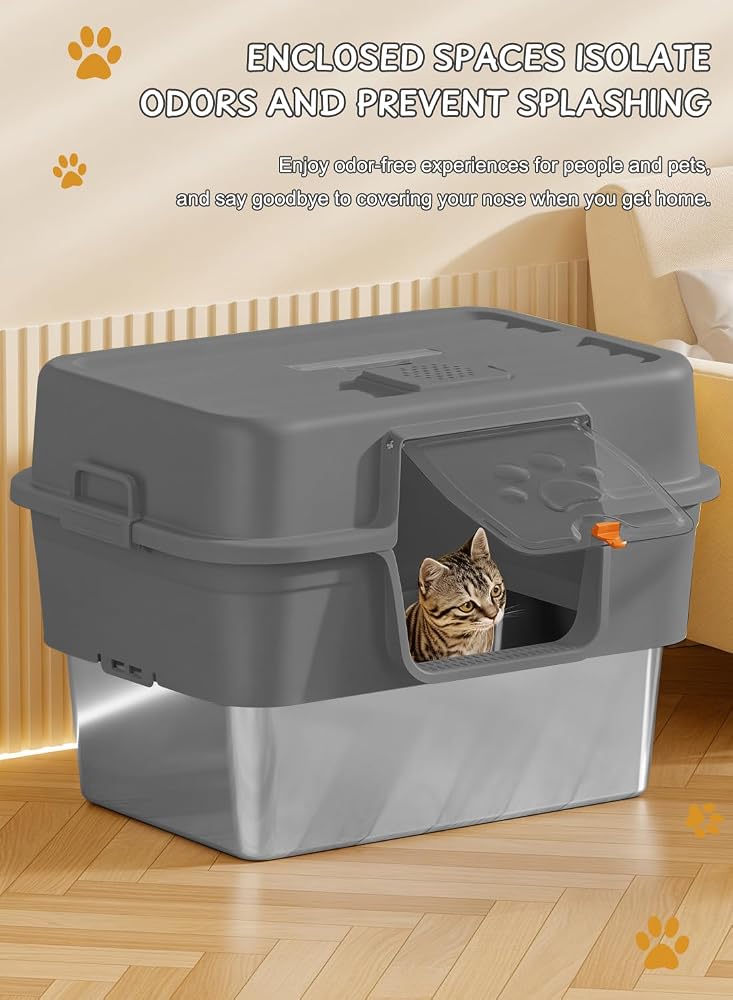 Sharpdo Stainless Steel Cat Litter Box with Lid for Big & Multiple Cats with High Sided, Non-Sticky - Image 2
