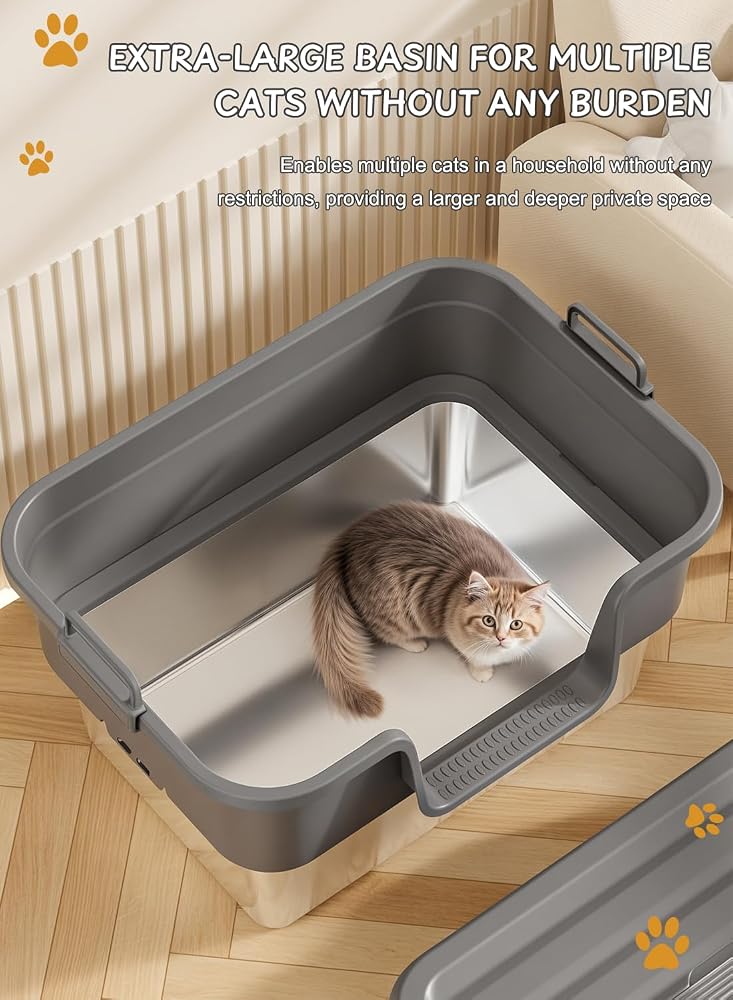 Sharpdo Stainless Steel Cat Litter Box with Lid for Big & Multiple Cats with High Sided, Non-Sticky - Image 3