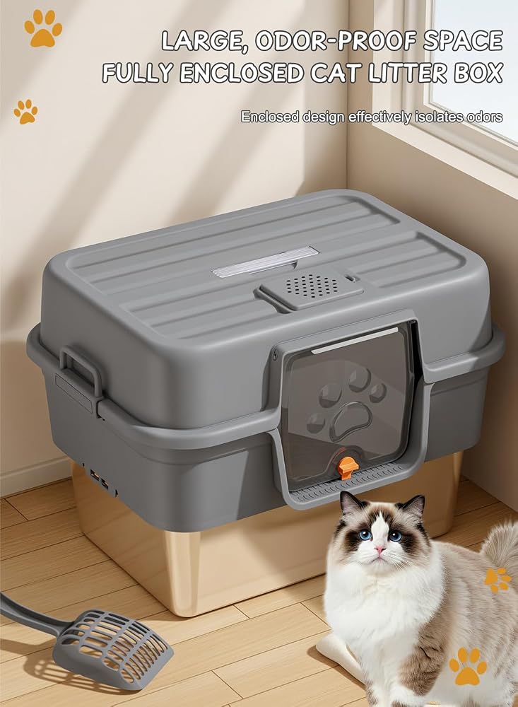 Sharpdo Stainless Steel Cat Litter Box with Lid for Big & Multiple Cats with High Sided, Non-Sticky - Image 4