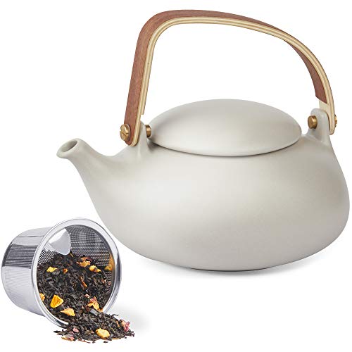 ZENS Vintage Japanese Teapot with Strainer 27oz Matte Ceramic Loose Leaf Teapot with Infuser Wood Handle Gray Japanese Teapots Hot Tea Brewer Pot for Women Tea Lovers Gifts - Image 1