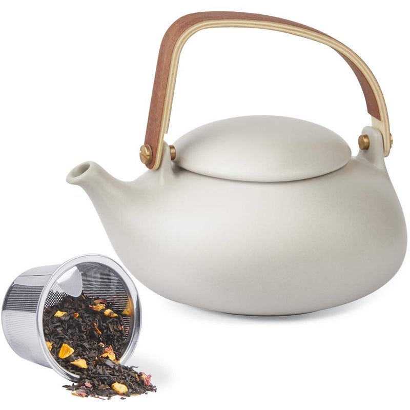 ZENS Vintage Japanese Teapot with Strainer 27oz Matte Ceramic Loose Leaf Teapot with Infuser Wood Handle Gray Japanese Teapots Hot Tea Brewer Pot for Women Tea Lovers Gifts - Image 2