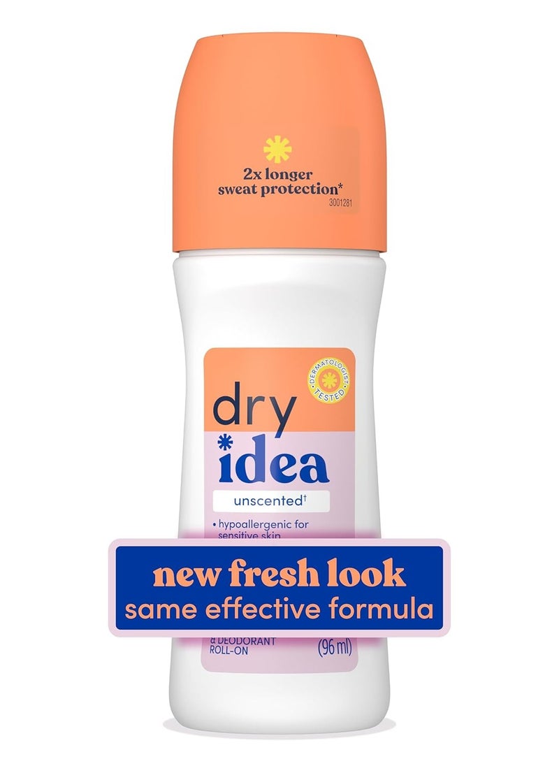 Dry Idea Dry Idea Roll-On Deodorant & Antiperspirant | 2X Longer Sweat Protection | 72-Hour Odor Protection | Unscented & Hypoallergenic for Sensitive Skin, 3.25 oz.  - Image 1