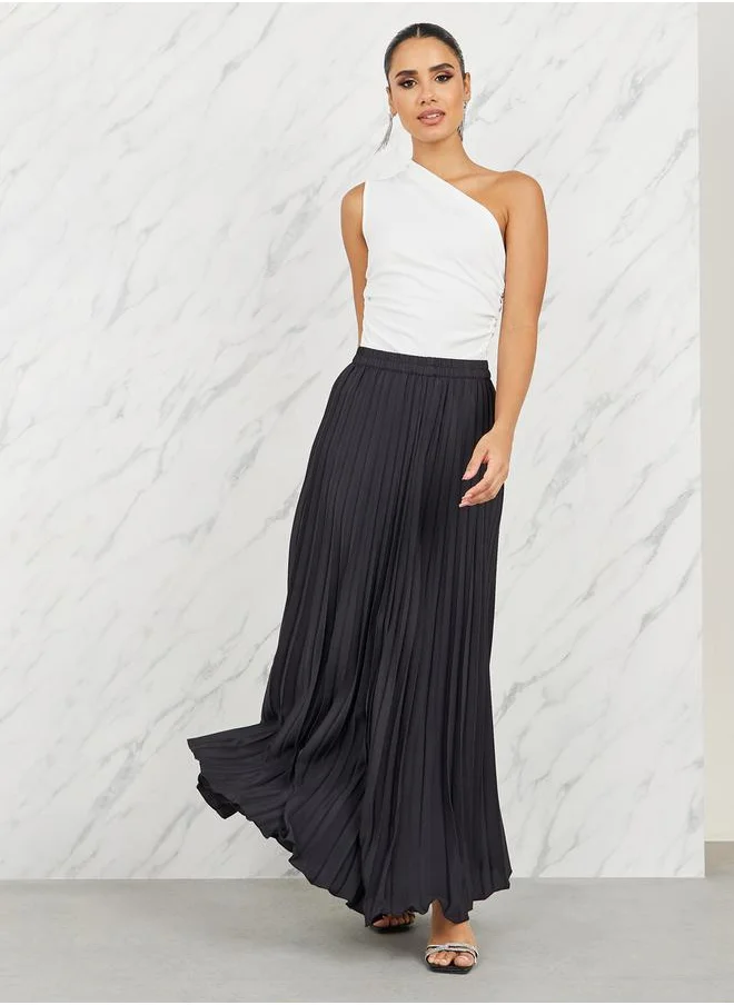 Styli Satin Pleated A-Line Maxi Skirt