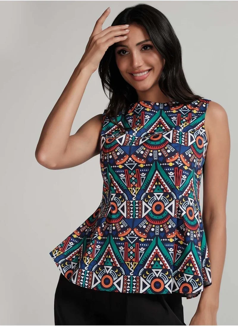 Zigzag Sleeveless Printed Peplum Top