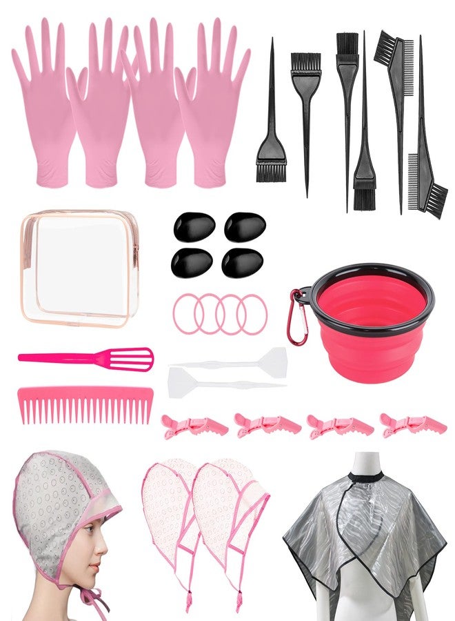 DINTSTYLE 32 Pcs Hair Dye Coloring Kit,Hair Dye Tools for DIY Salon.Hair Dye Brush and Bowl Set/Highlighting Frosting Cap with Plastic Hooks/Dye Brush/Ear Cover/Gloves/Comb/Hairpin/Hair Coloring Cape(Pink) - Image 1