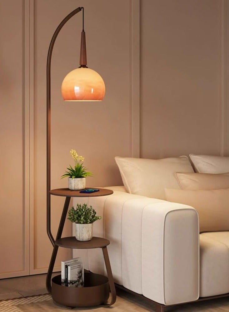 DubaiGallery Modern Multifunctional Floor Lamp Nordic Standing Lamps With 2 Tables And 1 Storage Bin Vertical Lamp With Orange Glass Shade Convenience Standing Floor Lights Decorative Standing Light For - Image 1
