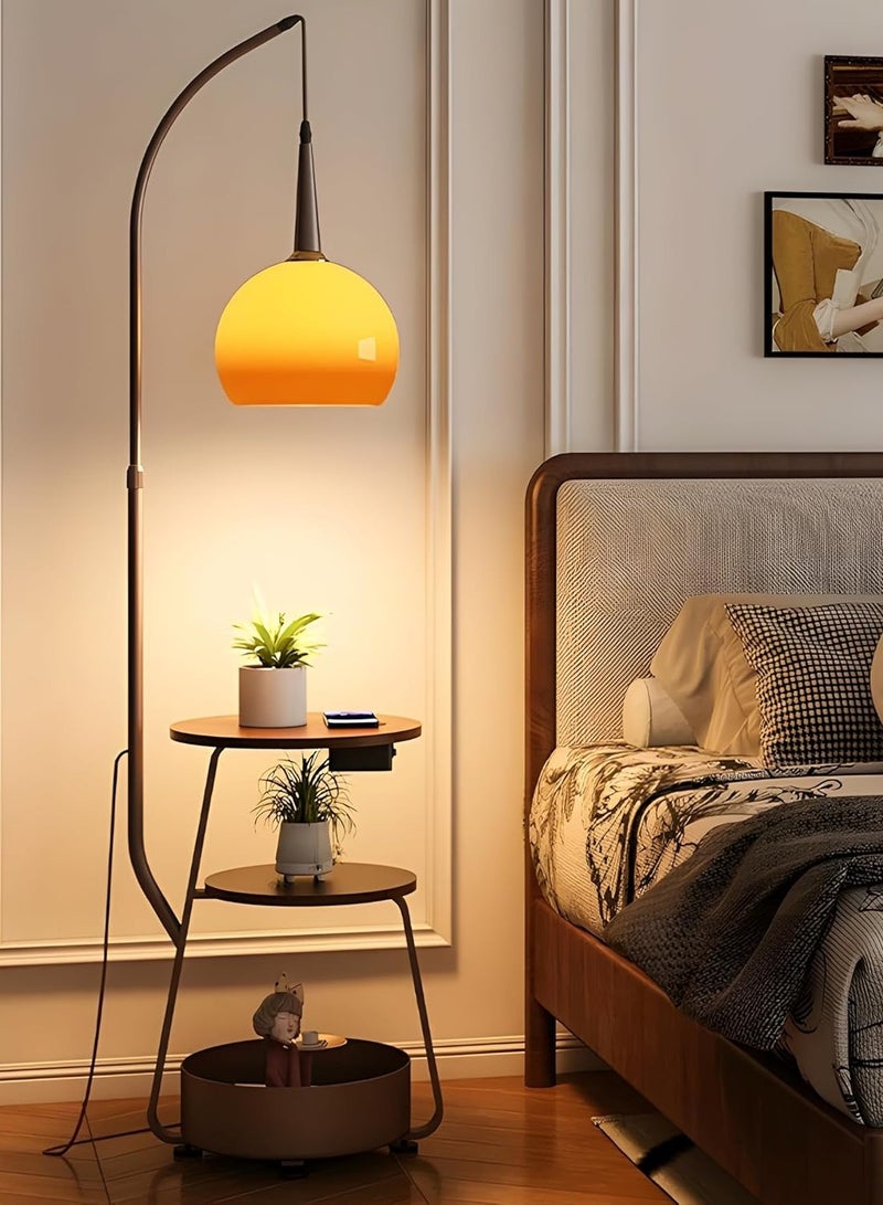 DubaiGallery Modern Multifunctional Floor Lamp Nordic Standing Lamps With 2 Tables And 1 Storage Bin Vertical Lamp With Orange Glass Shade Convenience Standing Floor Lights Decorative Standing Light For - Image 2