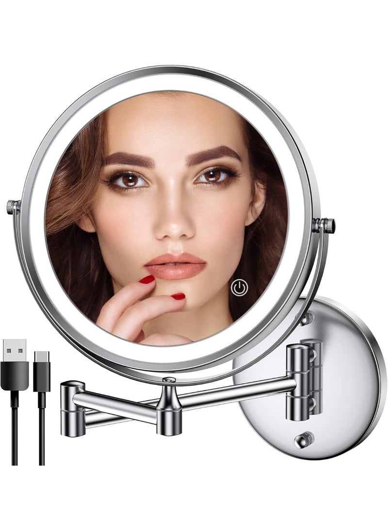 Rechargeable Wall Mount Lighted Makeup Mirror, 8 Inch Double-Sided LED Vanity Mirror 1X/10X Magnification, 3 Color Lights Touch Screen Dimmable 360°Swivel Extendable Bathroom Shaving Light up Mirror - Image 1