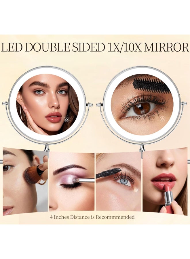 Rechargeable Wall Mount Lighted Makeup Mirror, 8 Inch Double-Sided LED Vanity Mirror 1X/10X Magnification, 3 Color Lights Touch Screen Dimmable 360°Swivel Extendable Bathroom Shaving Light up Mirror - Image 2