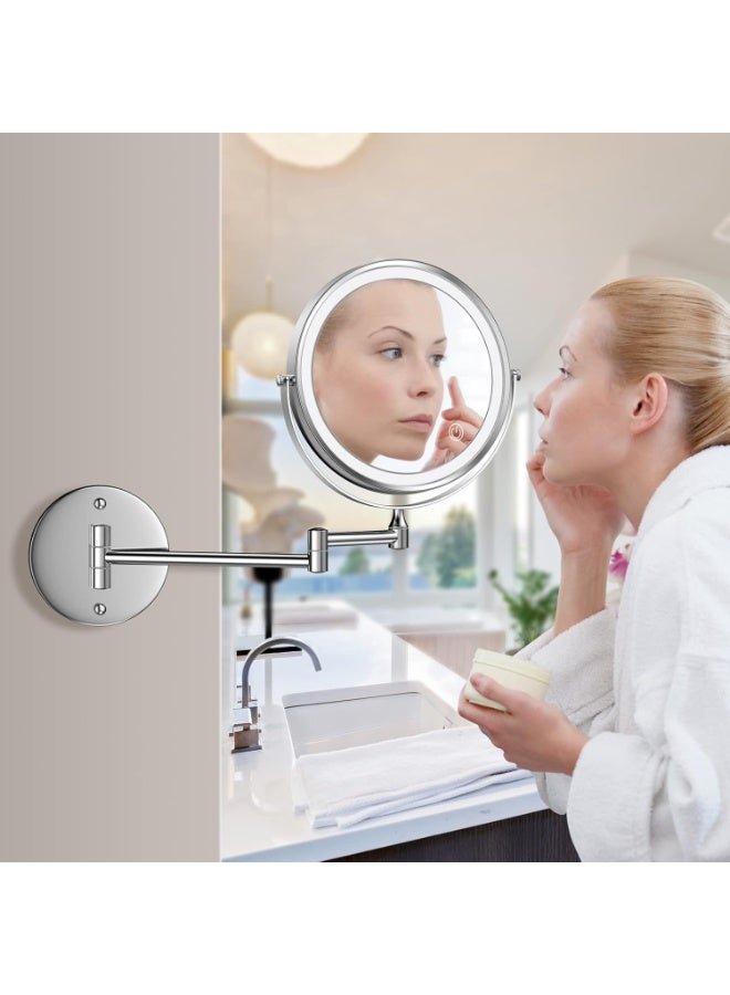 Rechargeable Wall Mount Lighted Makeup Mirror, 8 Inch Double-Sided LED Vanity Mirror 1X/10X Magnification, 3 Color Lights Touch Screen Dimmable 360°Swivel Extendable Bathroom Shaving Light up Mirror - Image 3