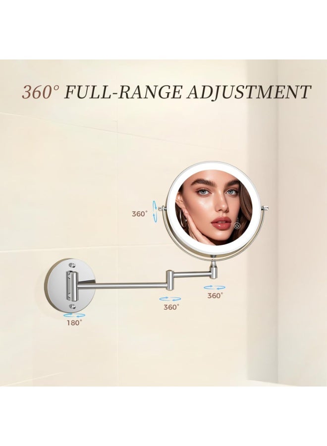 Rechargeable Wall Mount Lighted Makeup Mirror, 8 Inch Double-Sided LED Vanity Mirror 1X/10X Magnification, 3 Color Lights Touch Screen Dimmable 360°Swivel Extendable Bathroom Shaving Light up Mirror - Image 4